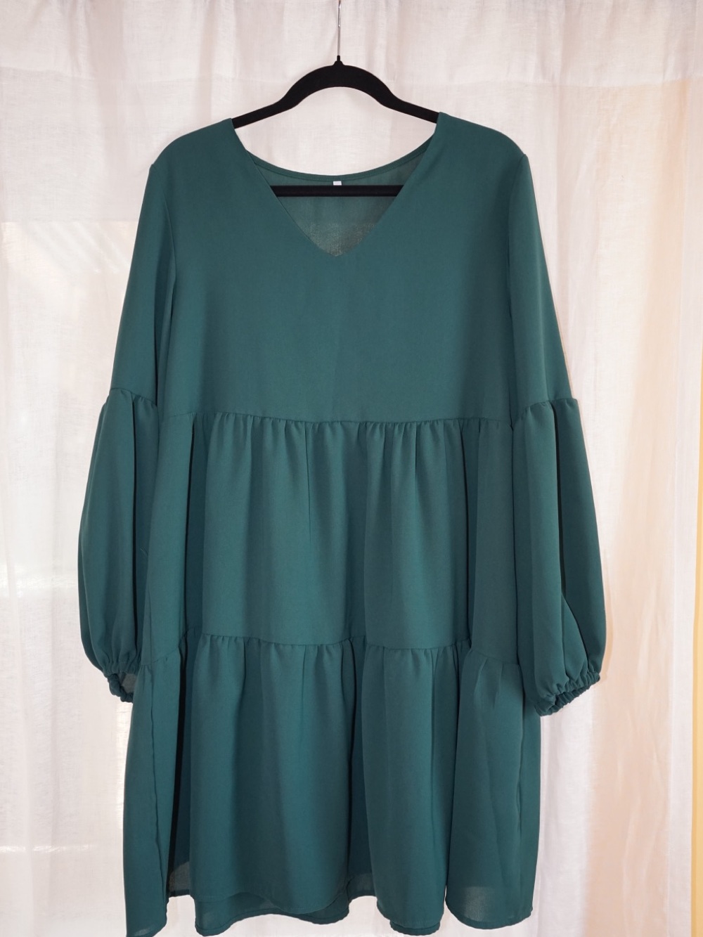 V-Neck Teal Tiered Long-Sleeve Dress